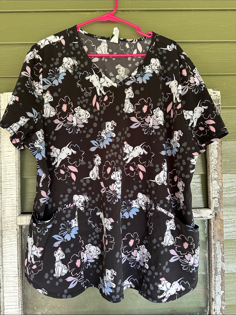 Disney Black Floral & 101 Dalmatians Print Scrub Top